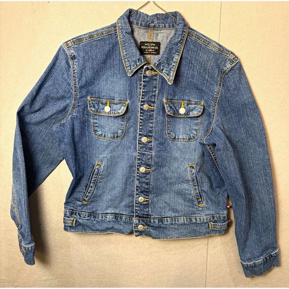 Vintage Polo Jeans Co. Blue Denim Trucker Jacket Women's XL small stain